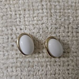 Trifari Gold and White Cabochon Earrings. Vintage